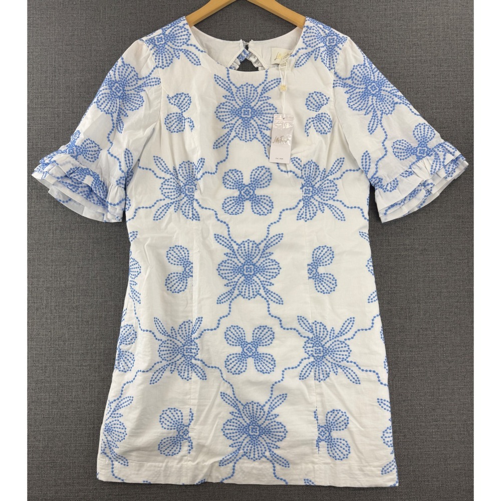 Lilly Pulitzer White Blue Embroidered Ruffle Keyhole Shift Dress Size 14 NWT